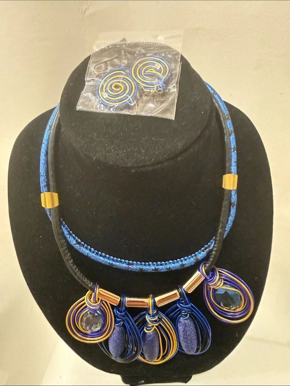 Bohemian Gold Black Blue Spiral Teardrop Adjustable Necklace Matching Earrings